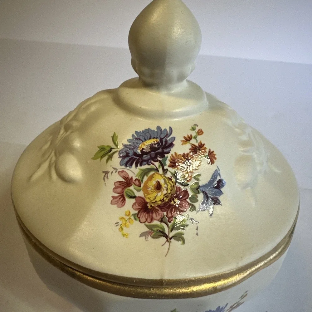 Vintage Ceramic White Gold Trim Floral House of Fuller Trinket Dish with Lid USA